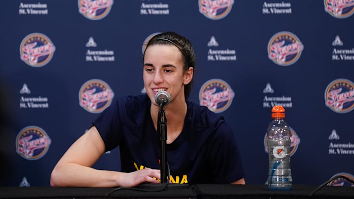 May 14, 2024; Uncasville, Connecticut, USA; Indiana Fever guard Caitlin Clark (22) talks to the media before the start of the game against the Connecticut Sun at Mohegan Sun Arena. Mandatory Credit: David Butler II-Imagn Images