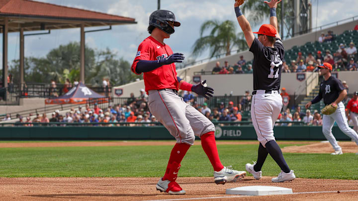 Feb 27, 2025; Lakeland, Florida, USA; Boston Red Sox third baseman Marcelo Mayer (39) stops at third during the first inning against the Detroit Tigers at Publix Field at Joker Marchant Stadium. Mandatory Credit: Mike Watters-Imagn Images