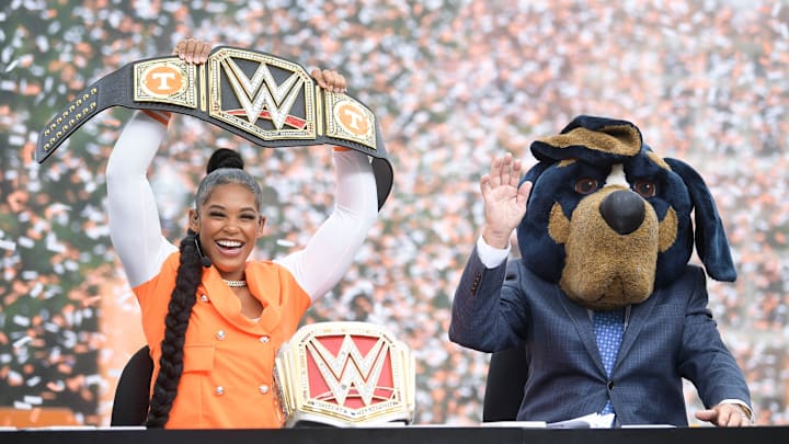 Bianca Belair and Lee Corso choose Tennessee to defeat Florida during the ESPN College GameDay show outside of Ayres Hall on the University of Tennessee campus in Knoxville, Tenn. on Saturday, Sept. 24, 2022. The flagship ESPN college football pregame show returned for the tenth time to Knoxville as the No. 12 Vols hosted the No. 22 Gators.

Kns Espn College Gameday
