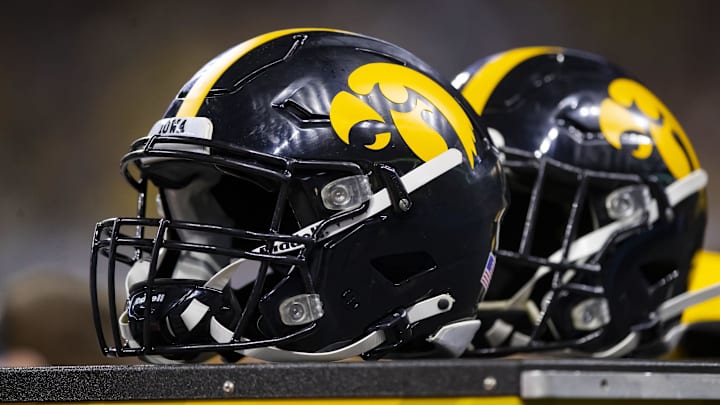 Dec 4, 2021; Indianapolis, IN, USA; Detailed view of Iowa Hawkeyes helmet on the sidelines in the Big Ten Conference championship game at Lucas Oil Stadium.