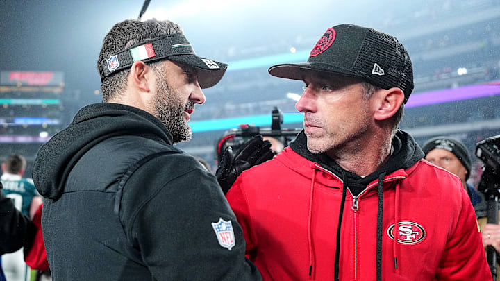 San Francisco 49ers head coach Kyle Shanahan (R) greets Philadelphia Eagles head coach Nick Sirianni (L)