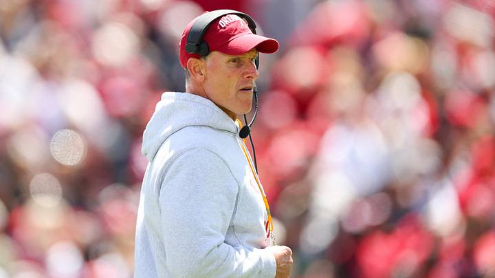 Oklahoma Sooners head coach Brent Venables watches during the Oklahoma Spring Game. Oklahoma Sooners head coach Brent Venables watches during the Oklahoma Spring Game.