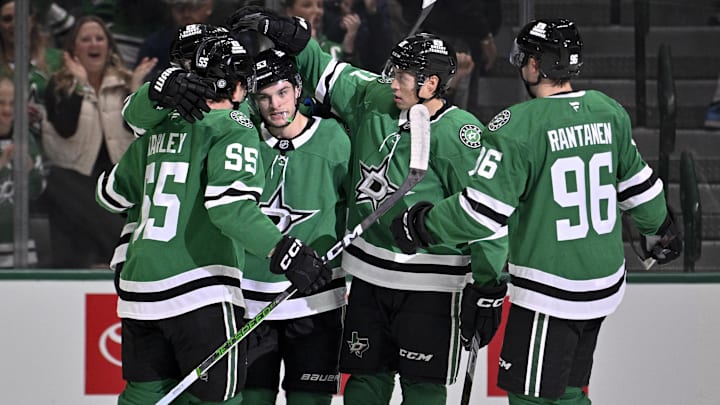 Mar 18, 2025; Dallas, Texas, USA; Dallas Stars center Roope Hintz (24) and defenseman Thomas Harley (55) and center Wyatt Johnston (53) and left wing Jason Robertson (21) and right wing Mikko Rantanen (96) celebrates a power play goal scored by Johnston against the Anaheim Ducks during the first period at the American Airlines Center. Mandatory Credit: Jerome Miron-Imagn Images
