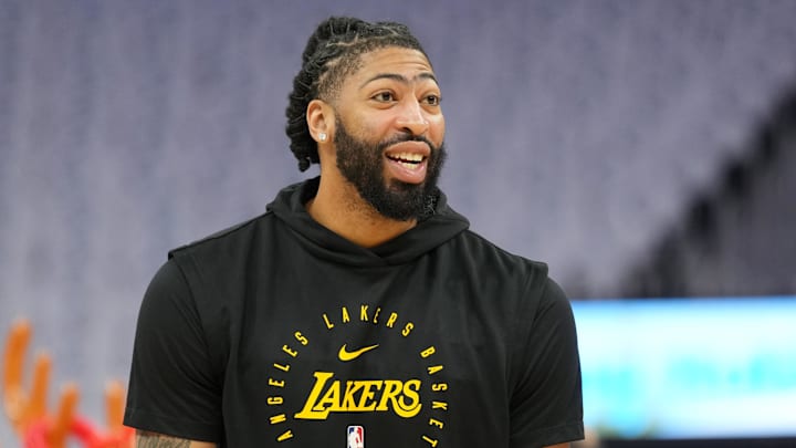 Dec 25, 2024; San Francisco, California, USA; Los Angeles Lakers forward Anthony Davis (3) before the game against the Golden State Warriors at Chase Center. Mandatory Credit: Darren Yamashita-Imagn Images