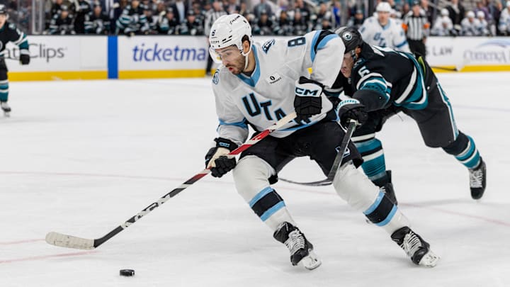 Nov 18, 2025; San Jose, California, USA; Utah Mammoth center Nick Schmaltz (8) skates with the puck during the first period against the San Jose Sharks at SAP Center at San Jose. Mandatory Credit: Bob Kupbens-Imagn Images