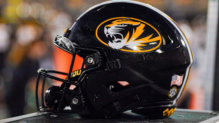 Aug 29, 2024; Columbia, Missouri, USA; A general view of a Missouri Tigers helmet during the first half of the game against the Murray State Racers at Faurot Field at Memorial Stadium. Mandatory Credit: Denny Medley-Imagn Images