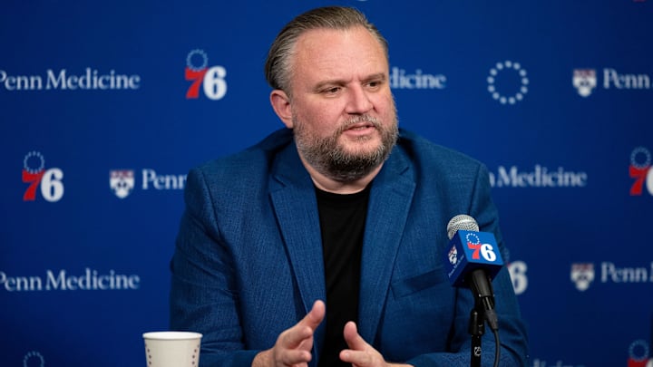 Dec 15, 2023; Philadelphia, Pennsylvania, USA; Philadelphia 76ers resident of Basketball Operations Daryl Morey speaks with the media before a game against the Detroit Pistons at Wells Fargo Center. Mandatory Credit: Bill Streicher-Imagn Images Dec 15, 2023; Philadelphia, Pennsylvania, USA; Philadelphia 76ers resident of Basketball Operations Daryl Morey speaks with the media before a game against the Detroit Pistons at Wells Fargo Center. Mandatory Credit: Bill Streicher-Imagn Images