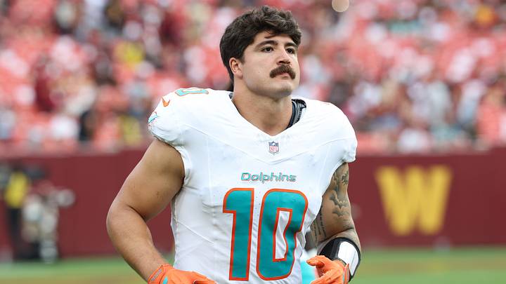 Miami Dolphins linebacker Jacob Rodriguez (10) looks on during the first half against the Washington Commanders at Northwest Stadium. Mandatory Credit: Amber Searls-Imagn Images