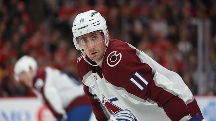 Apr 2, 2025; Chicago, Illinois, USA; Colorado Avalanche center Brock Nelson (11) waits for a faceoff during the second period against the Chicago Blackhawks at United Center. Mandatory Credit: Talia Sprague-Imagn Images