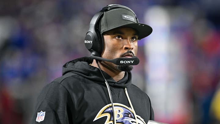 Sep 7, 2025; Orchard Park, New York, USA; Baltimore Ravens defensive coordinator Zach Orr on the sidelines before a game against the Buffalo Bills at Highmark Stadium. Mandatory Credit: Mark Konezny-Imagn Images