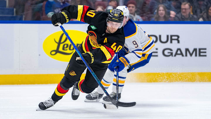 Jan 21, 2025; Vancouver, British Columbia, CAN; Vancouver Canucks forward Elias Pettersson (40) handles the puck against the Buffalo Sabres in the second period at Rogers Arena. Mandatory Credit: Bob Frid-Imagn Images
