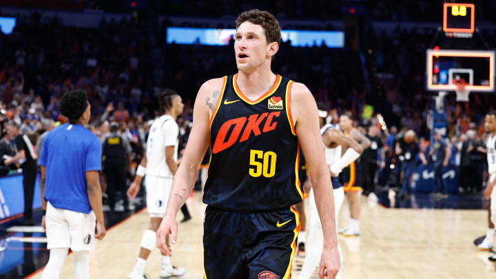 Apr 14, 2024; Oklahoma City, Oklahoma, USA; Oklahoma City Thunder center Mike Muscala (50) walks down the court after his team defeated the Dallas Mavericks at Paycom Center. Mandatory Credit: Alonzo Adams-USA TODAY Sports