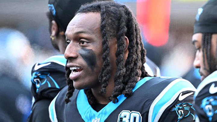 Carolina Panthers cornerback Jaycee Horn (8) on the sidelines in the fourth quarter at Bank of America Stadium. 