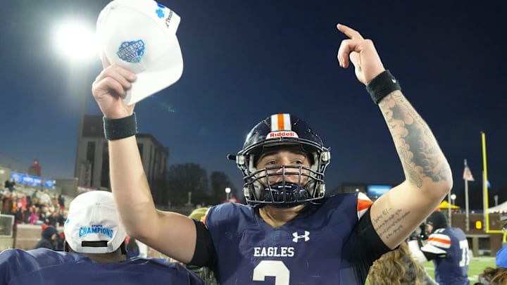 Nashville Christian's Jared Curtis (2) celebrates after the win over Columbia Academy in the TSSAA Bluecross Bowl on Thursday, Dec. 5, 2024, in Chattanooga, Tenn.