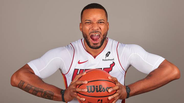 Miami Heat guard Norman Powell (24) poses for a photo during media day at Kaseya Center. Mandatory Credit: Sam Navarro-Imagn Images Miami Heat guard Norman Powell (24) poses for a photo during media day at Kaseya Center. Mandatory Credit: Sam Navarro-Imagn Images