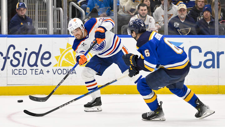 Feb 4, 2025; St. Louis, Missouri, USA;  Edmonton Oilers left wing Viktor Arvidsson (33) shoots as St. Louis Blues defenseman Philip Broberg (6) defends during the third period at Enterprise Center. Mandatory Credit: Jeff Curry-Imagn Images