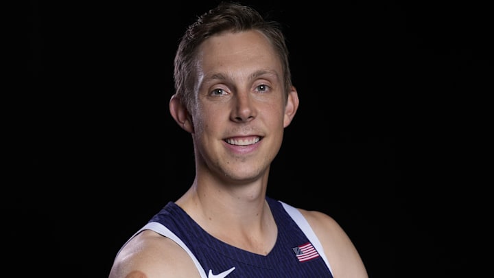 Apr 17, 2024; New York, New York, USA;  U.S. Olympic athlete Canyon Barry poses for a photo at the Team USA Media Summit at Mariott Marquis. Mandatory Credit: Robert Deutsch-USA TODAY Sports