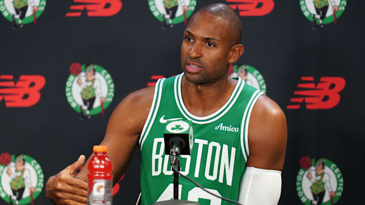 Sep 24, 2024; Boston, MA, USA; Boston Celtics center Al Horford (42) talks to reporters during media day at Auerbach Center. Mandatory Credit: David Butler II-Imagn Images