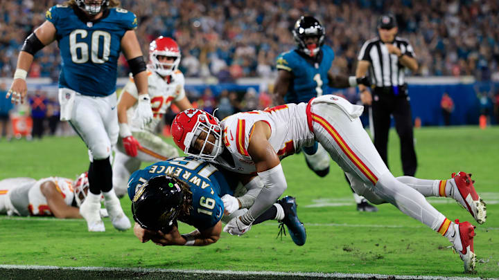 Lawrence found the end zone for a go-ahead score after stumbling to the ground. 