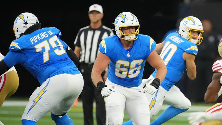 Aug 20, 2026; Inglewood, California, USA; Los Angeles Chargers center Jake Slaughter (66) against the San Francisco 49ers in the first half at SoFi Stadium. Mandatory Credit: Kirby Lee-Imagn Images Aug 20, 2026; Inglewood, California, USA; Los Angeles Chargers center Jake Slaughter (66) against the San Francisco 49ers in the first half at SoFi Stadium. Mandatory Credit: Kirby Lee-Imagn Images