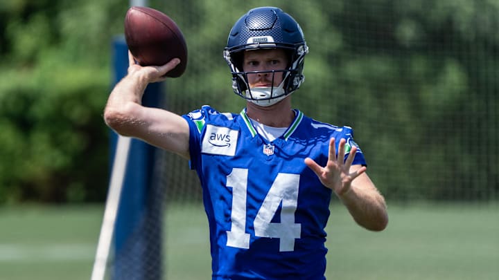 Seattle Seahawks quarterback Sam Darnold passes the ball during mini-camp at Virginia Mason Athletic Center.
