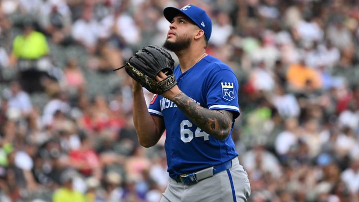 Jun 28, 2026; Chicago, Illinois, USA; Kansas City Royals pitcher Steven Cruz (64) reacts after ending the top of the fifth inning against the Chicago White Sox at Rate Field. Mandatory Credit: Patrick Gorski-Imagn Images