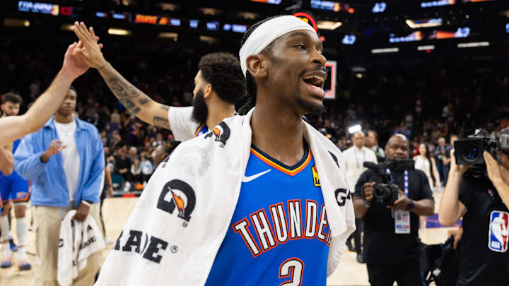 Apr 27, 2026; Phoenix, Arizona, USA; Oklahoma City Thunder guard Shai Gilgeous-Alexander (2) after defeating the Phoenix Suns in a four game sweep of the first round of the 2026 NBA Playoffs at Mortgage Matchup Center. Mandatory Credit: Mark J. Rebilas-Imagn Images