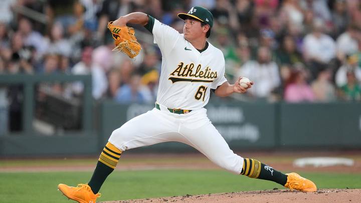 Jun 12, 2026; Summerlin, Nevada, USA; Athletics pitcher Gage Jump (61) throws the ball during the third inning against the Colorado Rockies at the Las Vegas Ballpark. Mandatory Credit: Lucas Peltier-Imagn Images Jun 12, 2026; Summerlin, Nevada, USA; Athletics pitcher Gage Jump (61) throws the ball during the third inning against the Colorado Rockies at the Las Vegas Ballpark. Mandatory Credit: Lucas Peltier-Imagn Images