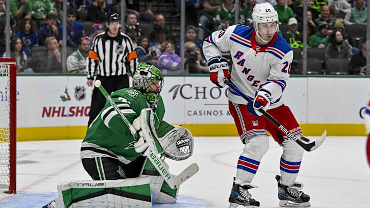 Nov 20, 2023; Dallas, Texas, USA; New York Rangers left wing Chris Kreider (20) attempts to redirect