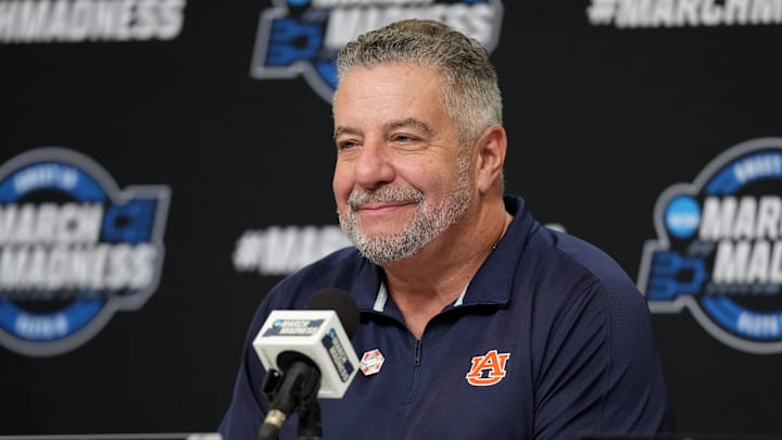 Mar 28, 2025; Atlanta, GA, USA; Auburn Tigers head coach Bruce Pearl at a press conference after defeating the Michigan Wolverines in a South Regional semifinal of the 2025 NCAA tournament at State Farm Arena. Mandatory Credit: Dale Zanine-Imagn Images