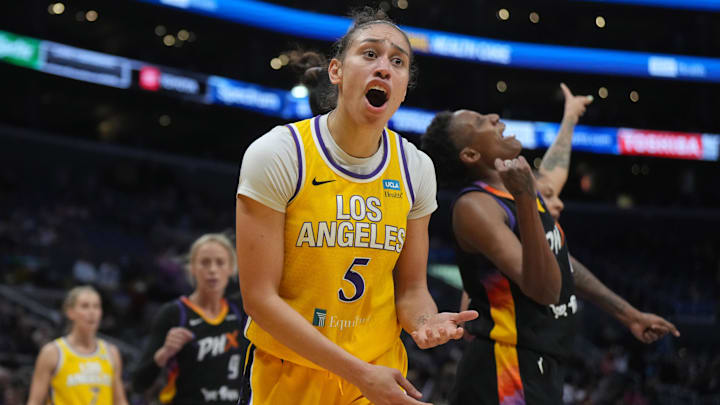 Sep 17, 2024; Los Angeles, California, USA; LA Sparks forward Dearica Hamby (5) reacts against the Phoenix Mercury in the second half at Crypto.com Arena. Mandatory Credit: Kirby Lee-Imagn Images Sep 17, 2024; Los Angeles, California, USA; LA Sparks forward Dearica Hamby (5) reacts against the Phoenix Mercury in the second half at Crypto.com Arena. Mandatory Credit: Kirby Lee-Imagn Images