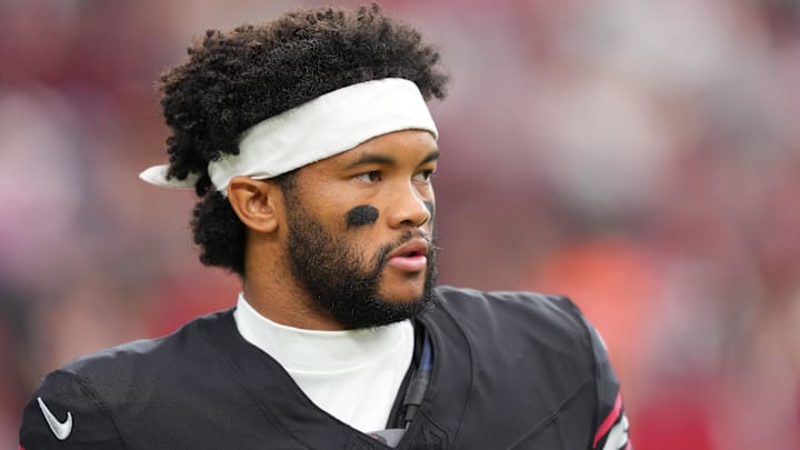 Oct 5, 2025; Glendale, Arizona, USA; Arizona Cardinals quarterback Kyler Murray (1) warms up before their game against the Tennessee Titans at State Farm Stadium. Mandatory Credit: Joe Camporeale-Imagn Images