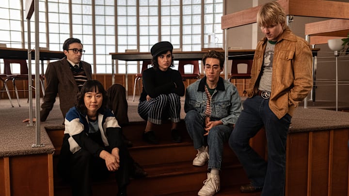 L-R: Josh Zuckerman as Mr. Martin, Ci Hang Ma as Quinn, Sarah Yarkin as Rhonda, Nick Pugliese as Charley, and Miles Elliot as Yuri in School Spirits season 3 L-R: Josh Zuckerman as Mr. Martin, Ci Hang Ma as Quinn, Sarah Yarkin as Rhonda, Nick Pugliese as Charley, and Miles Elliot as Yuri in School Spirits season 3