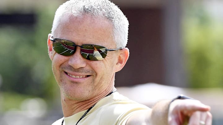 Apr 20, 2024; Tallahassee, Florida, USA; Florida State Seminoles head coach Mike Norvell smiles during the Spring Showcase at Doak S. Campbell Stadium. Mandatory Credit: Melina Myers-USA TODAY Sports