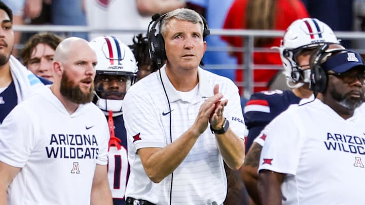 Sep 12, 2025; Tucson, Arizona, USA; Arizona Wildcats head coach Brent Brennan hypes up his team during the first quarter of the game against the Kansas State Wildcats at Arizona Stadium. Mandatory Credit: Aryanna Frank-Imagn Images Sep 12, 2025; Tucson, Arizona, USA; Arizona Wildcats head coach Brent Brennan hypes up his team during the first quarter of the game against the Kansas State Wildcats at Arizona Stadium. Mandatory Credit: Aryanna Frank-Imagn Images