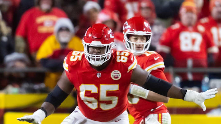 Jan 26, 2025; Kansas City, MO, USA; Kansas City Chiefs guard Trey Smith (65) against the Buffalo Bills in the AFC Championship game at GEHA Field at Arrowhead Stadium. Mandatory Credit: Mark J. Rebilas-Imagn Images