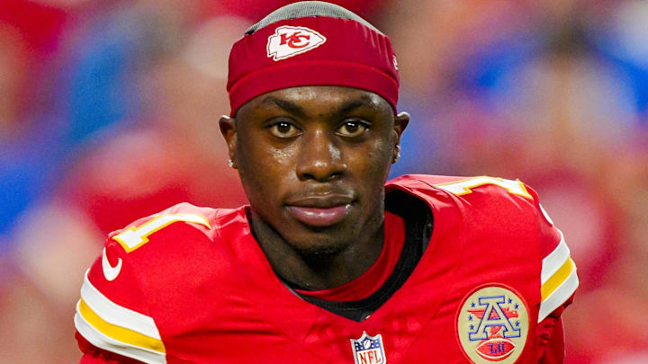 Oct 12, 2025; Kansas City, Missouri, USA; Kansas City Chiefs wide receiver Xavier Worthy (1) warms up prior to a game against the Detroit Lions at GEHA Field at Arrowhead Stadium. Mandatory Credit: Jay Biggerstaff-Imagn Images Oct 12, 2025; Kansas City, Missouri, USA; Kansas City Chiefs wide receiver Xavier Worthy (1) warms up prior to a game against the Detroit Lions at GEHA Field at Arrowhead Stadium. Mandatory Credit: Jay Biggerstaff-Imagn Images