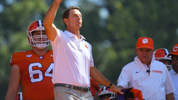 Sep 21, 2024; Clemson, South Carolina, USA; Clemson Tigers head coach Dabo Swinney at Howard's Rock before kickoff against the North Carolina State Wolfpack at Memorial Stadium.