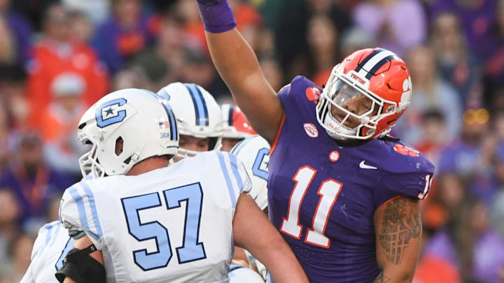 Nov 23, 2024; Clemson, South Carolina, USA; Clemson Tigers defensive lineman Peter Woods (11) reacts after sacking The Citadel Bulldogs quarterback Johnathan Bennett (11) during the first half at Memorial Stadium. Mandatory Credit: Ken Ruinard-Imagn Images Nov 23, 2024; Clemson, South Carolina, USA; Clemson Tigers defensive lineman Peter Woods (11) reacts after sacking The Citadel Bulldogs quarterback Johnathan Bennett (11) during the first half at Memorial Stadium. Mandatory Credit: Ken Ruinard-Imagn Images