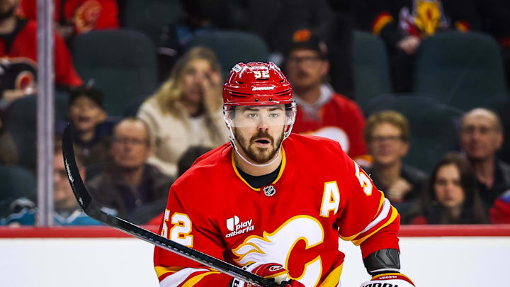 Jan 31, 2026; Calgary, Alberta, CAN; Calgary Flames defenseman MacKenzie Weegar (52) skates against the San Jose Sharks during the second period at Scotiabank Saddledome. Mandatory Credit: Sergei Belski-Imagn Images