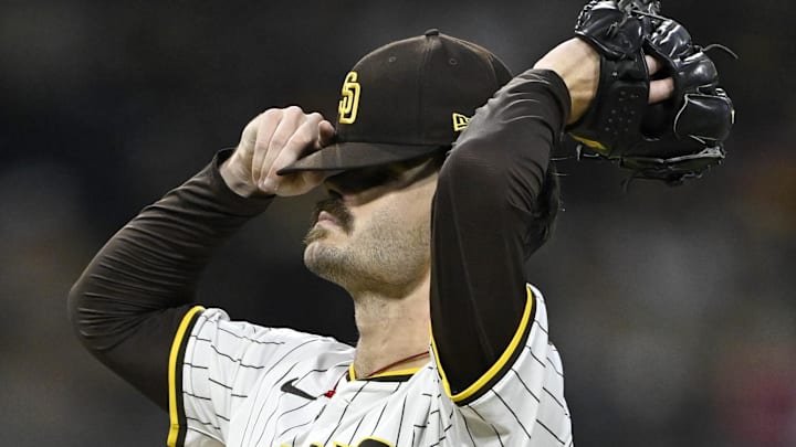 Oct 9, 2024; San Diego, California, USA; San Diego Padres pitcher Dylan Cease (84) reacts after a hit in the second inning against the Los Angeles Dodgers during game four of the NLDS for the 2024 MLB Playoffs at Petco Park Oct 9, 2024; San Diego, California, USA; San Diego Padres pitcher Dylan Cease (84) reacts after a hit in the second inning against the Los Angeles Dodgers during game four of the NLDS for the 2024 MLB Playoffs at Petco Park