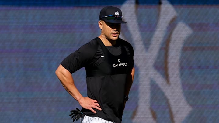 May 20, 2025; Bronx, New York, USA; New York Yankees injured designated hitter Giancarlo Stanton works out before a game against the Texas Rangers at Yankee Stadium. Mandatory Credit: Brad Penner-Imagn Images