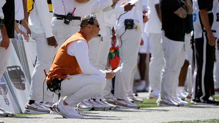 Texas Longhorns head coach Steve Sarkisian on the sidelines, Aug. 30, 2025 at Ohio Stadium in Columbus, Ohio.