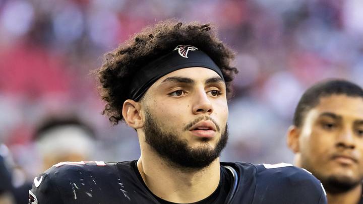 Dec 21, 2025; Glendale, Arizona, USA; Atlanta Falcons wide receiver Drake London (5) against the Arizona Cardinals at State Farm Stadium. Mandatory Credit: Mark J. Rebilas-Imagn Images