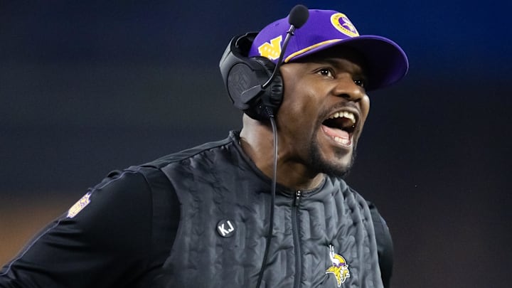 Jan 13, 2025; Glendale, AZ, USA; Minnesota Vikings defensive coordinator Brian Flores Mandatory Credit: Mark J. Rebilas-Imagn Images