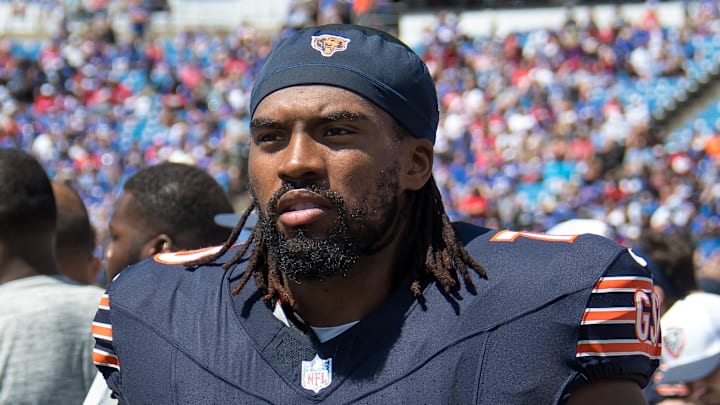 Aug 10, 2024; Orchard Park, New York, USA; Chicago Bears offensive tackle Braxton Jones (70) on the sidelines during a pre-season game against the Buffalo Bills at Highmark Stadium. Mandatory Credit: Mark Konezny-Imagn Images