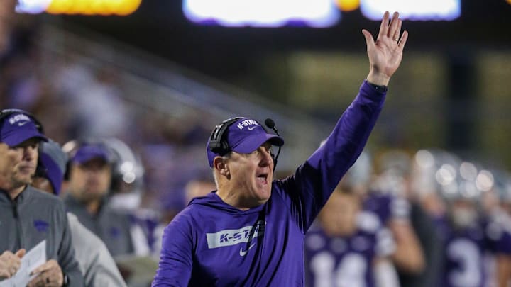 Nov 16, 2024; Manhattan, Kansas, USA; Kansas State Wildcats head coach Chris Klieman yells to his team during the fourth quarter against the Arizona State Sun Devils at Bill Snyder Family Football Stadium. Mandatory Credit: Scott Sewell-Imagn Images