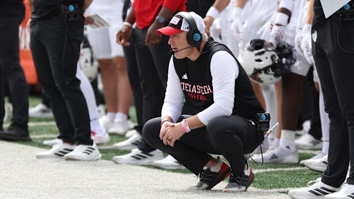 Sep 20, 2025; Salt Lake City, Utah, USA; Texas Tech Red Raiders head coach Joey McGuire looks on during the fourth quarter of the game against the Utah Utes at Rice-Eccles Stadium. Mandatory Credit: Rob Gray-Imagn Images