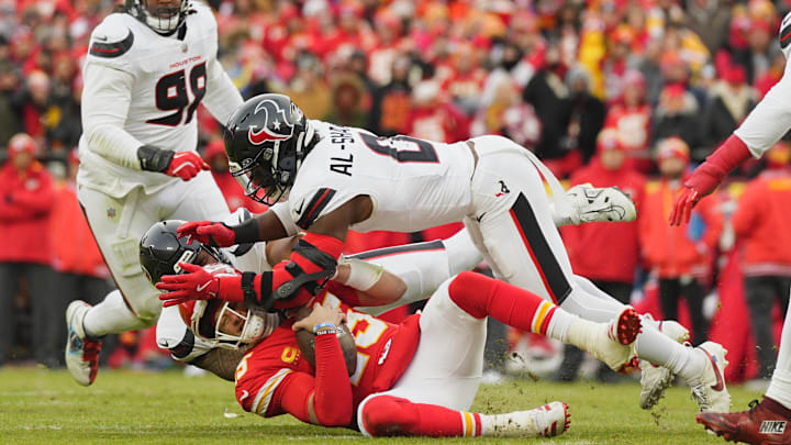 Kansas City Chiefs quarterback Patrick Mahomes is sacked by Houston Texans linebacker Azeez Al-Shaair