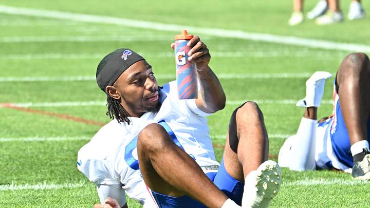 Jul 23, 2025; Rochester, NY, USA; Buffalo Bills wide receiver Kaden Prather (81) warms up during training camp at St. John Fisher University.